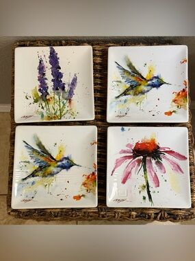 Set Of 4 Dean Crouser Iris Snack Plates 7" x 7" Spring Flowers Birds Watercolor